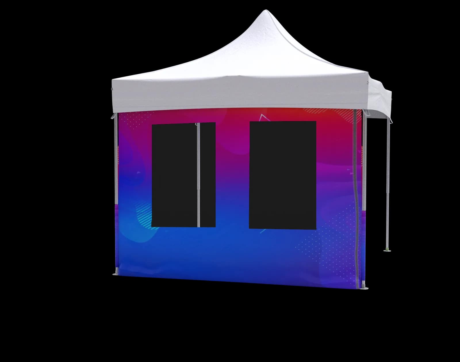 Printed window wall on an LP Tent pop-up gazebo, branded wall with two clear windows