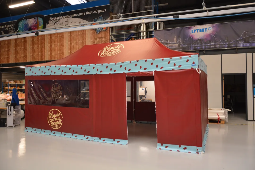 Custom-branded LP Tent pagoda with printed side panels in the LP Tent showroom